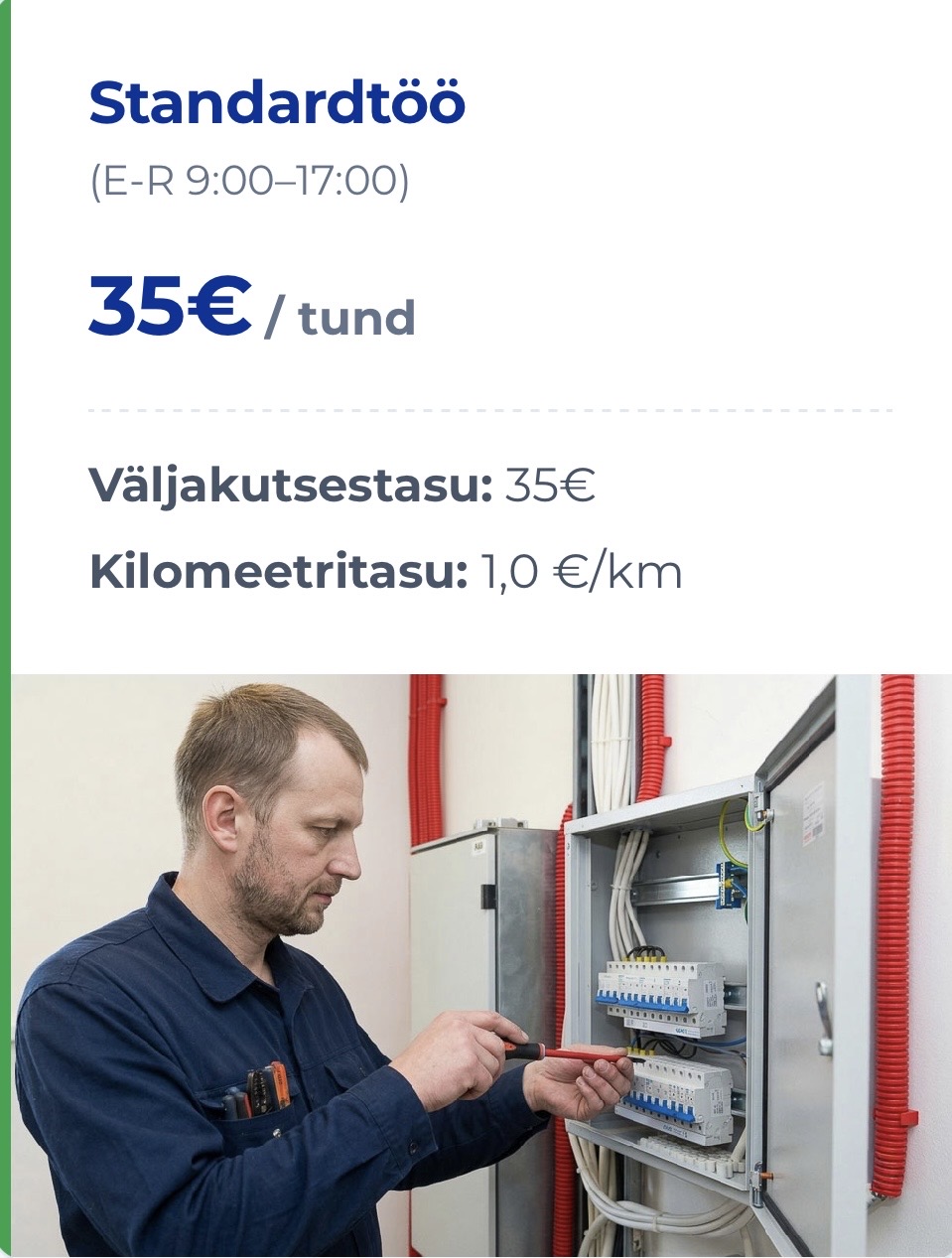 Elva elektriabi Elektritööd, Elektrikiirabi, Pistikute vahetus, Elektrikatkestuste kõrvaldamine, Vigaste elektriühenduste parandamine Elva vald, Tartumaa, Tartu ja selle lähiümbrus